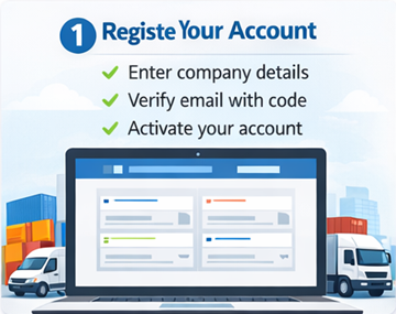 Форма регистрации перевозчика в ExusTrans с данными компании и НДС-номером (VAT), а также активацией по e-mail